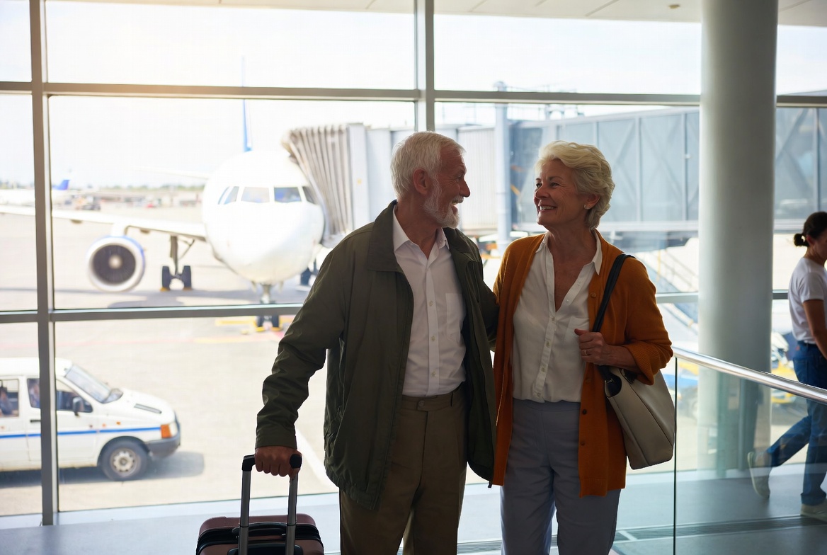 Senior couple at airport, travelling for their procedure